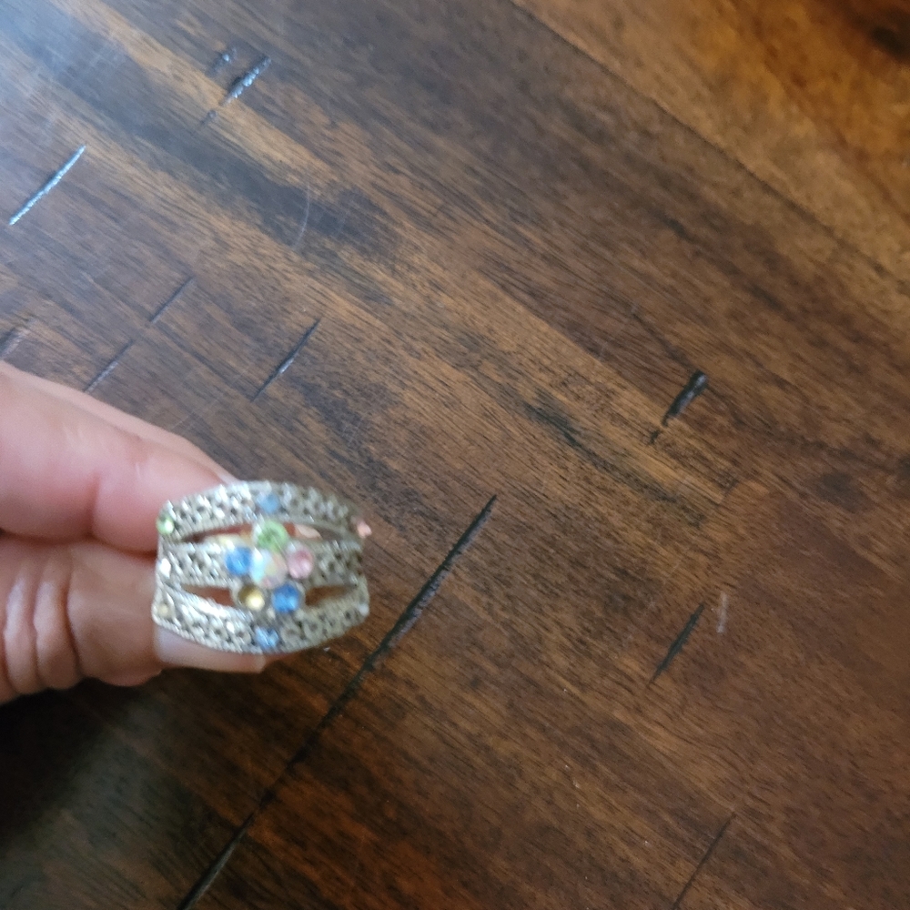 Unique Silver Tone Stone Adjustable Ring - image 4